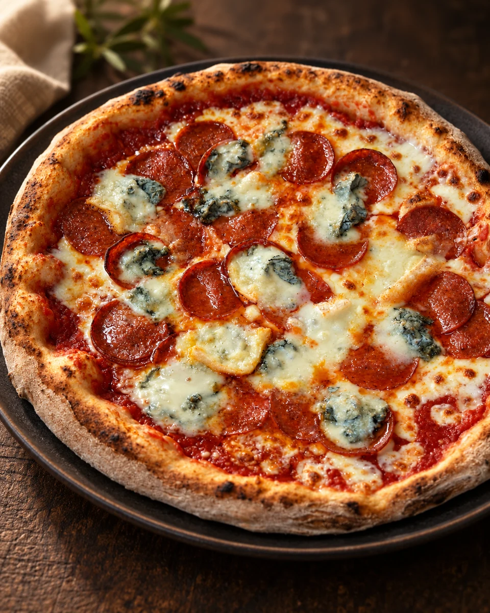 Pizza mit Salami und Käse auf einem Teller